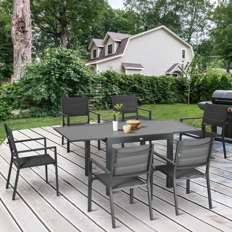 Outsunny Conjunto de Jardim Refeição de 7 Peças com Mesa Extensível e 6 Cadeiras Empilháveis 90-180x89x74cm Cinza