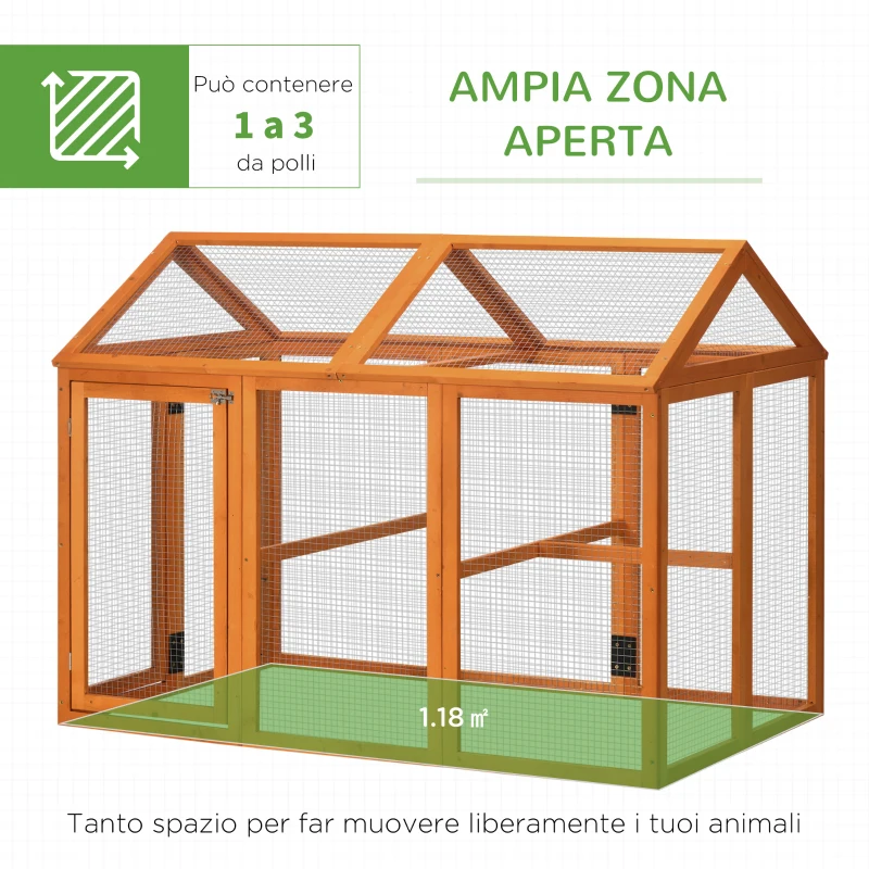 PawHut Gabbia per Galline in Legno con Porte Multiple e Rete in Metallo, 140x88.5x106cm, Arancione