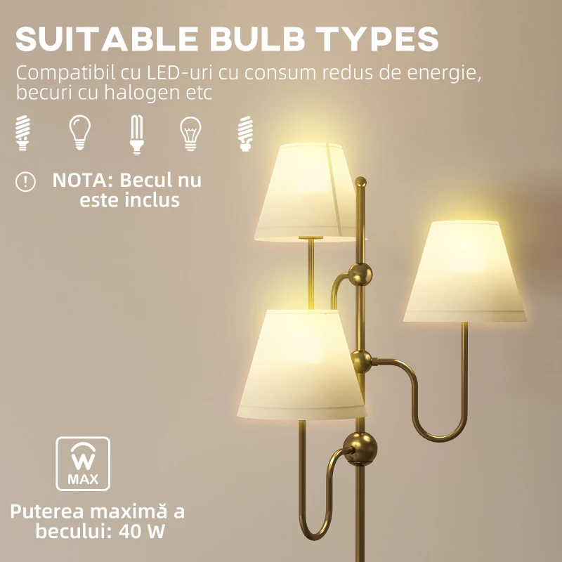 HOMCOM Lampadar Înalt de 165 cm cu 3 Surse de Lumină și Întrerupător cu Pedală, Soclu E27 Max 40W, Auriu