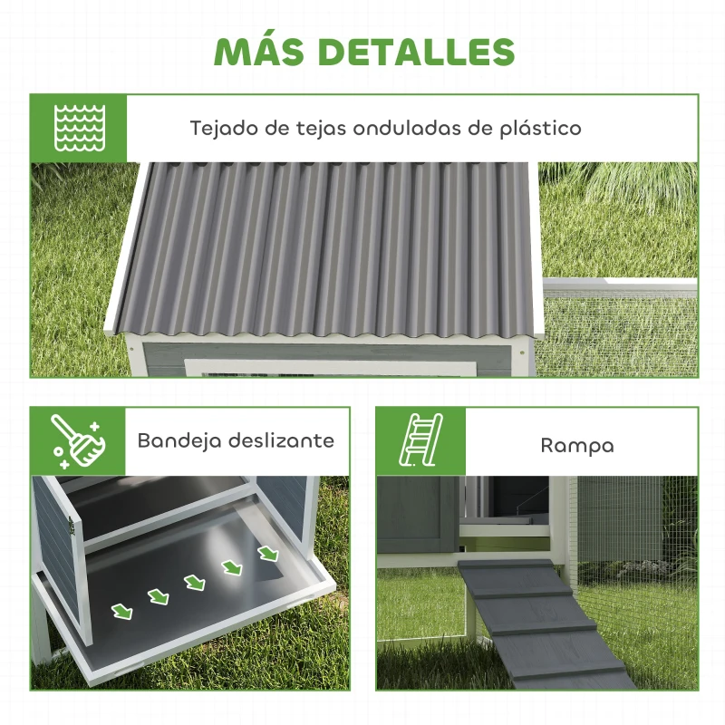 PawHut Gallinero de Madera con Perchas Columpio Nidos y Bandeja Extraíble 315,5x150,5x140,5 cm Gris