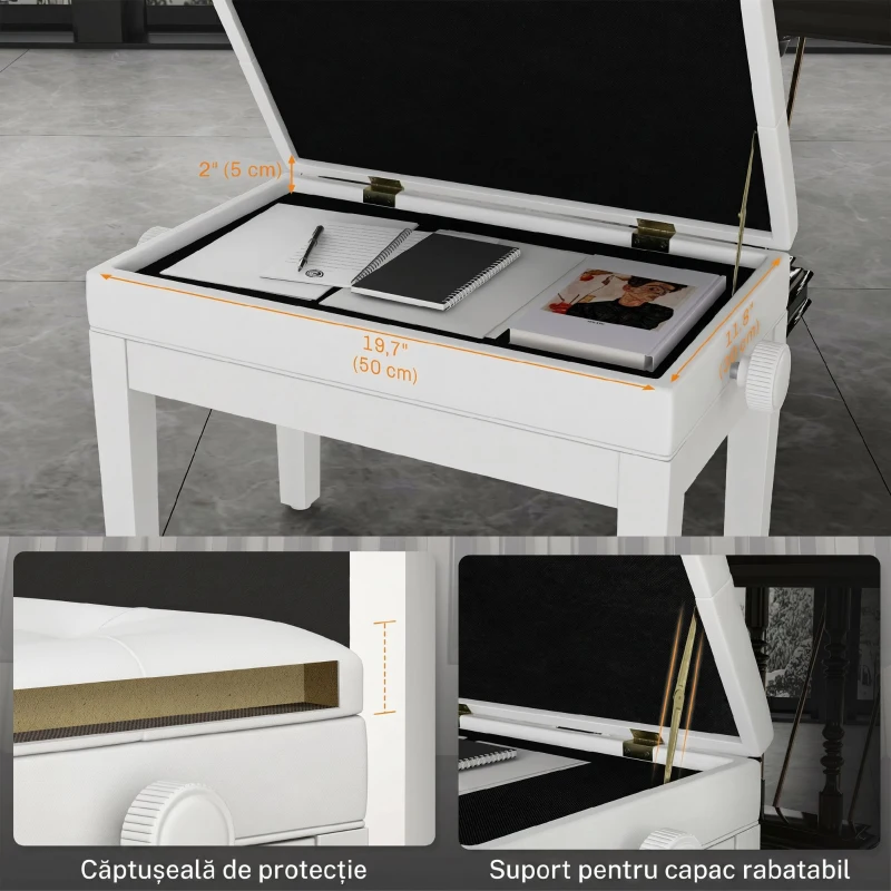 HOMCOM Taburet Pian Reglabil cu Spațiu de Depozitare și Șezut Tapițat, 54,5x33x48-58 cm, Alb