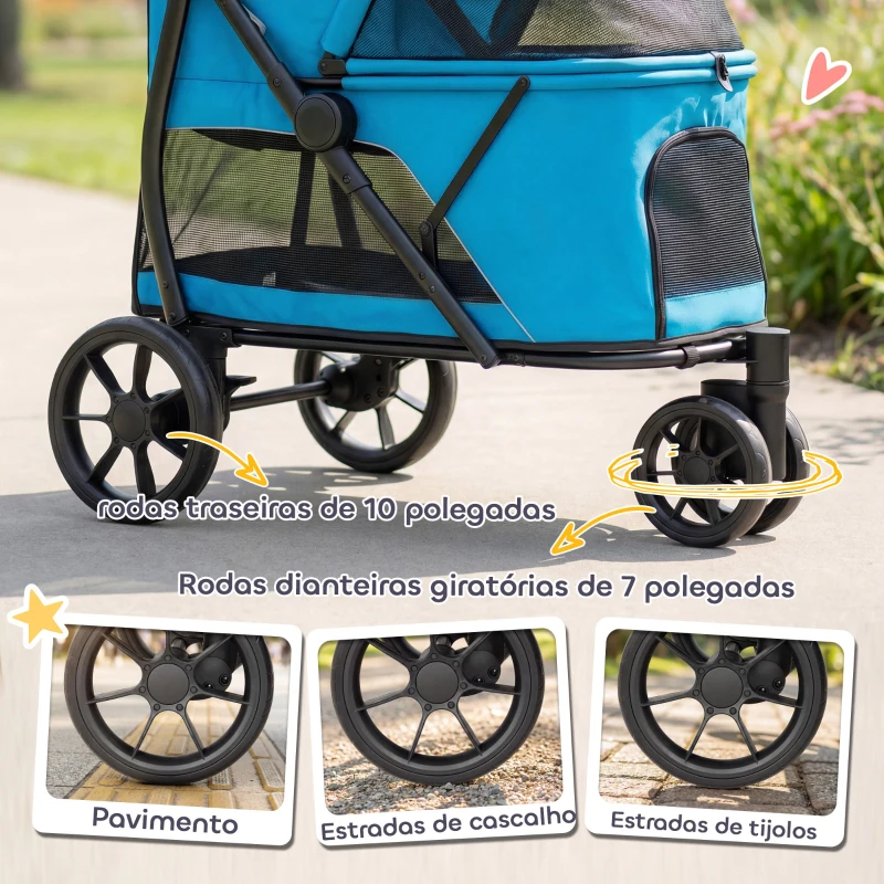 PawHut Carrinho para Cães Dobrável com 3 Rodas Janelas de Rede Almofada Lavável Todo o Terreno Carga 20 kg 92x63x95 cm Azul