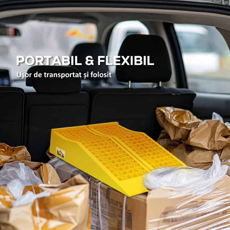 HOMCOM Set de 2 Rampe de Încărcare din Plastic pentru Mașini, cu Capacitate de 3 Tone și Suprafață Antiderapantă, Galben