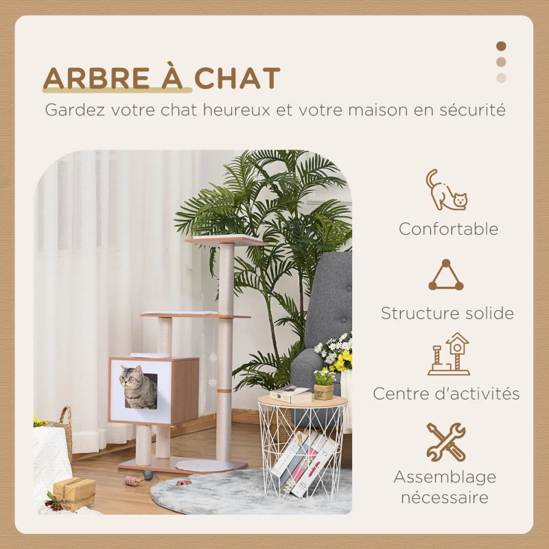 PawHut Arbre à chats design contemporain griffoirs grattoirs sisal naturel centre d'activités niche plate-formes jeu boules suspendues 71,5L x 49,5l x 120H cm MDF hêtre clair