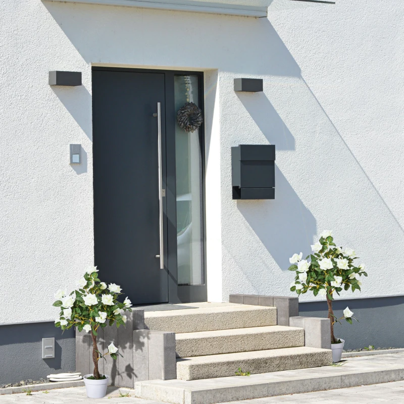 Outsunny Conjunto de 2 Plantas Artificiais Rosas Artificiais com 21 Flores e Vaso de Cimento para Decoração de Casa Verde e Branco