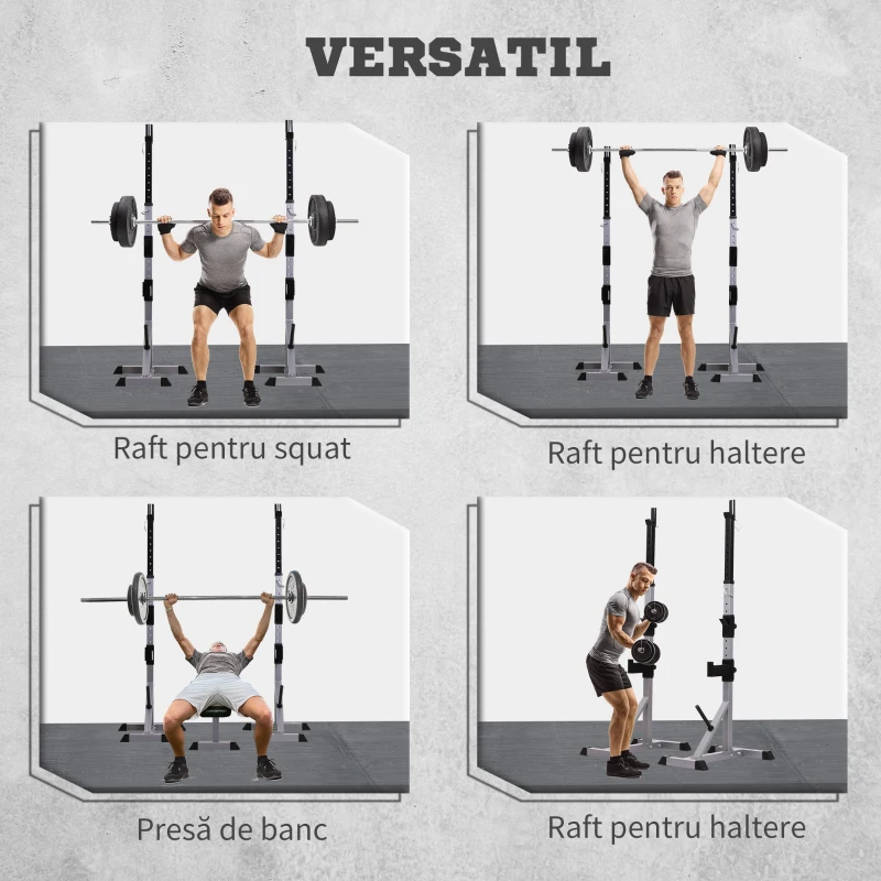 HOMCOM Set 2 Suporturi pentru Haltere din Oțel cu 3 Cârlige, Înălțime Reglabilă și Capacitate de 200 kg, Argintiu și Negru