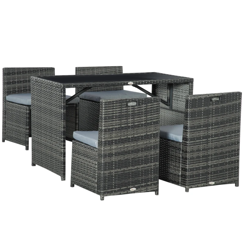 Outsunny Gartenmöbelset für 4 Personen, 4 Stühle & 1 Tisch, inkl. Sitzauflagen, Polyrattan, rostfreier Stahlrahmen, Grau