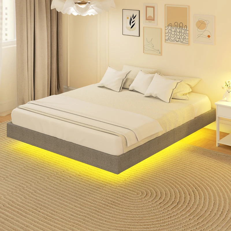 HOMCOM Cama 160x200 cm com Luzes LED Estofada em Linho Ripas de Madeira Silenciosa Fácil de Montar Cinzento