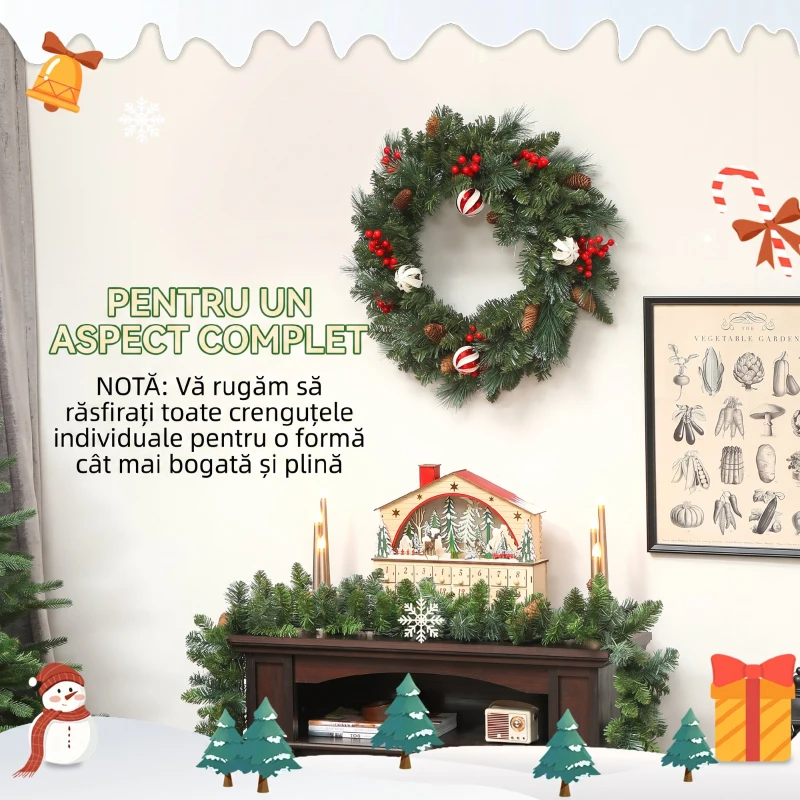 HOMCOM Ghirlandă de Crăciun de 60 cm cu 146 ramuri cu zăpadă artificială, conuri, fructe de pădure și globuri, verde