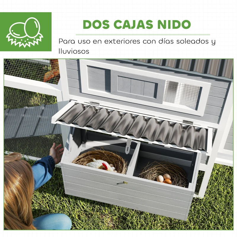 PawHut Gallinero de Madera con Perchas Columpio Nidos y Bandeja Extraíble 315,5x150,5x140,5 cm Gris