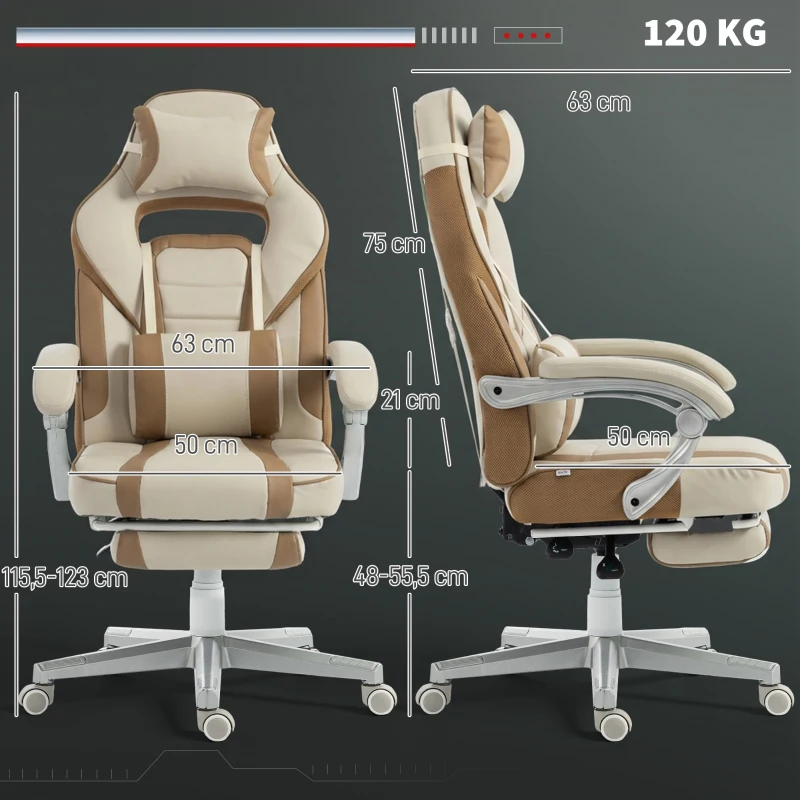 HOMCOM Cadeira Gamer Reclinável com Altura Ajustável Apoio para Pés Retrátil Suporte Lombar e Almofada de Cabeça Removível Creme