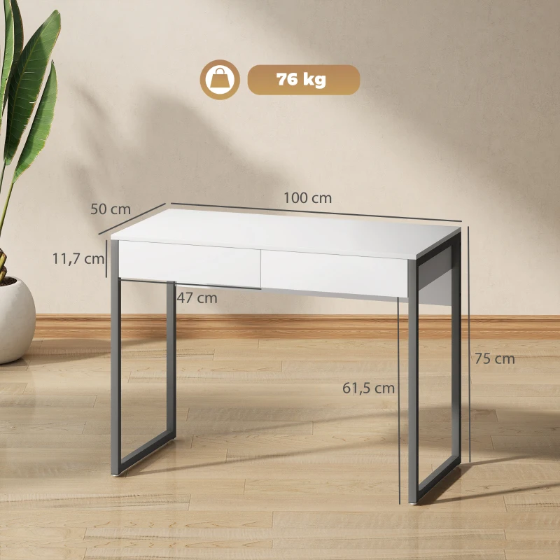 HOMCOM Secretária com 2 Gavetas 100x50 cm Mesa de Computador Pernas de Aço para Casa Escritório Espaços Pequenos Branco Brilhante