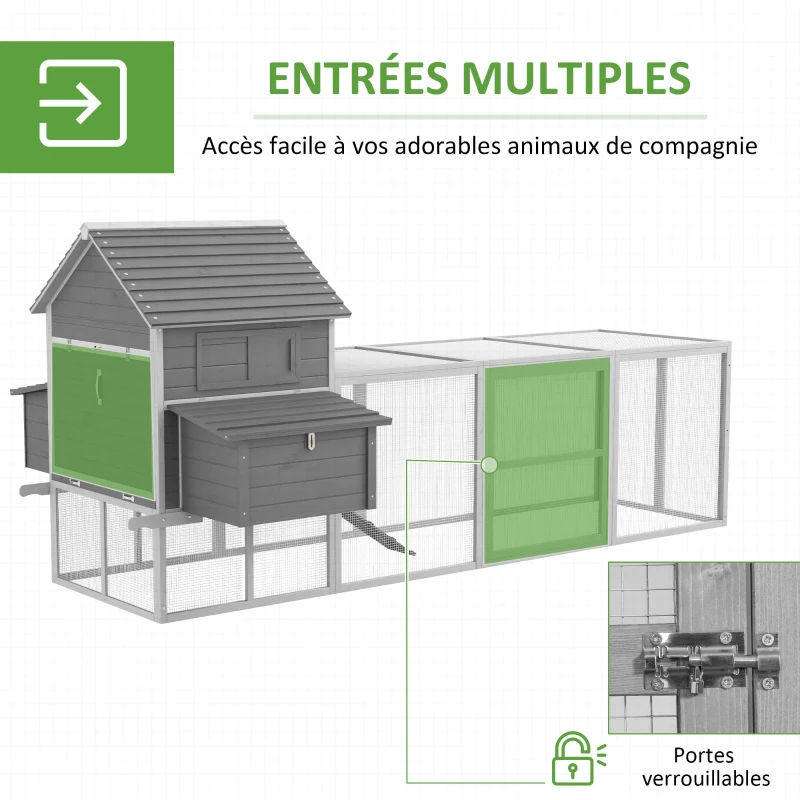PawHut Grand poulailler en bois 2 nichoirs porte verrouillable rampe d'accès et plateau coulissant 310,5 x 149,5 x 149 cm gris