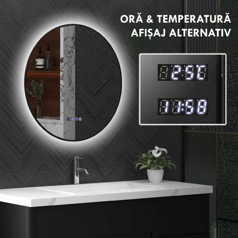HOMCOM Oglindă de baie cu lumină LED reglabilă, antiaburire și afișaj pentru oră și temperatură, Ø70 cm, negru