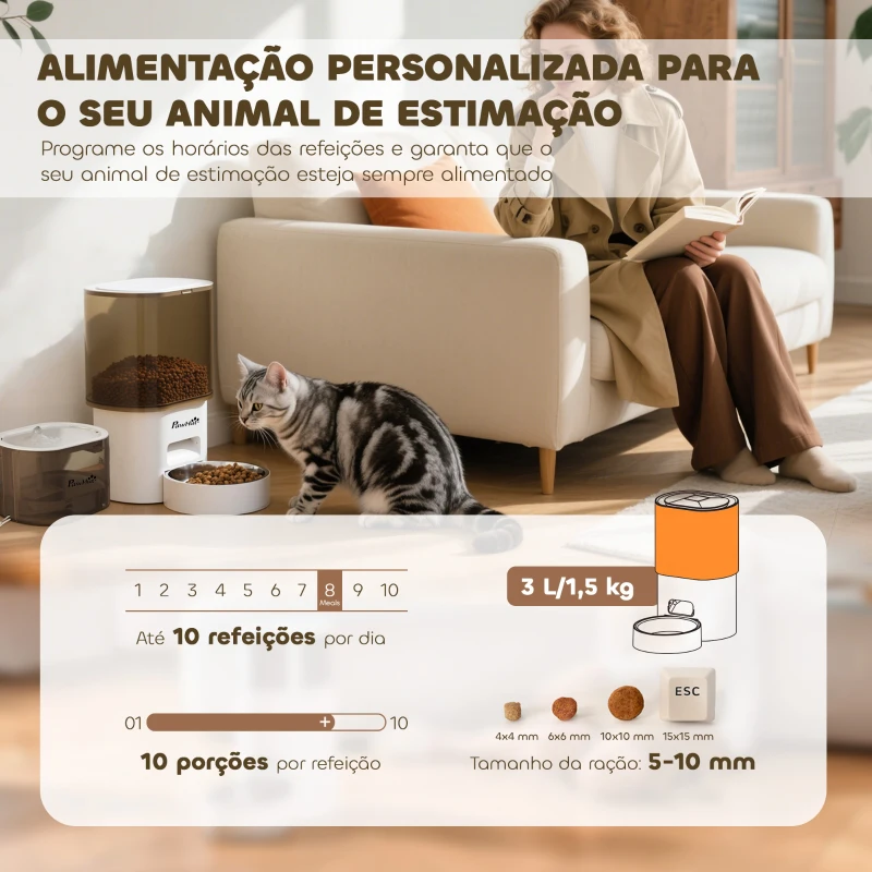 PawHut Conjunto de Comedero Automático e Bebedouro Silencioso para Cães e Gatos com Controlo por App (1-10 Refeições por Dia) Branco