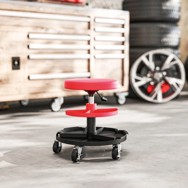 HOMCOM Scaun de Atelier cu Roți de 6 cm, Capacitate până la 135 kg, Înălțime Reglabilă 40-51 cm, cu Tăvi pentru Scule, Roșu