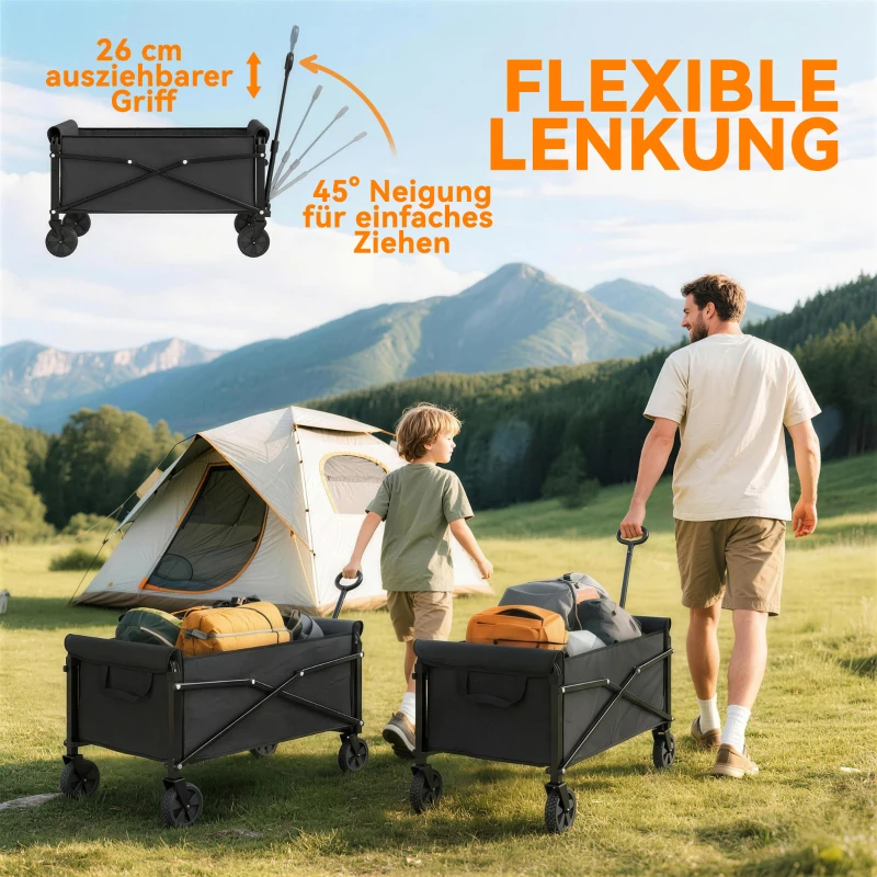 Outsunny 80L Festivalwagen auf Rädern, kompakter faltbarer Gartenwagen mit verstellbarem Griff, Schwarz