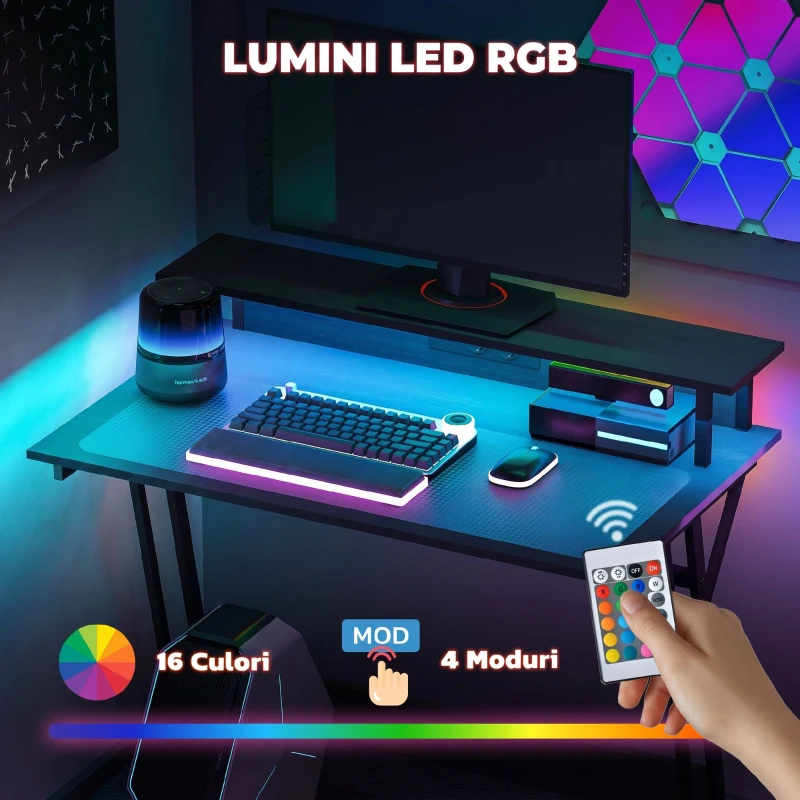 HOMCOM Birou Gaming cu Lumini LED și Suport pentru Monitor, din PAL și Oțel, 100x60x88.5 cm, Negru