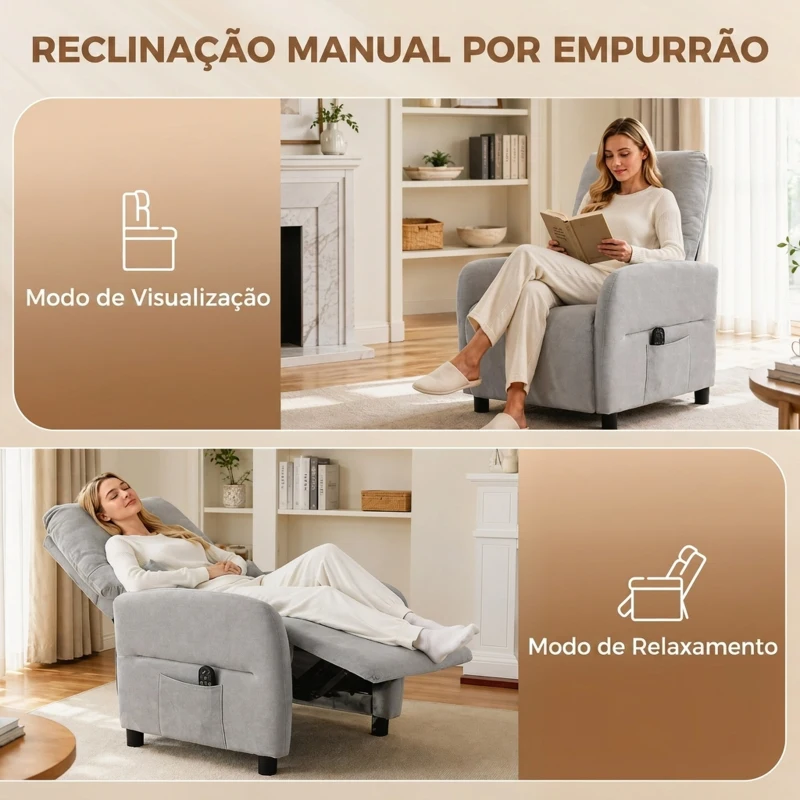 HOMCOM Cadeirão de Massagem Reclinável com Calor Lombar, Assento com Molas, Apoio para os Pés e Almofada Lombar em Tecido Atoalhado Cinzento