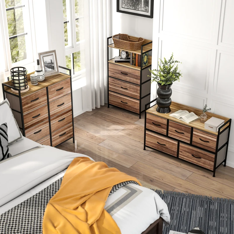 HOMCOM Cómoda com 5 Gavetas de Tecido Cómoda de Estilo Industrial com Estrutura Metálica para Quarto 98x29x63 cm Carvalho
