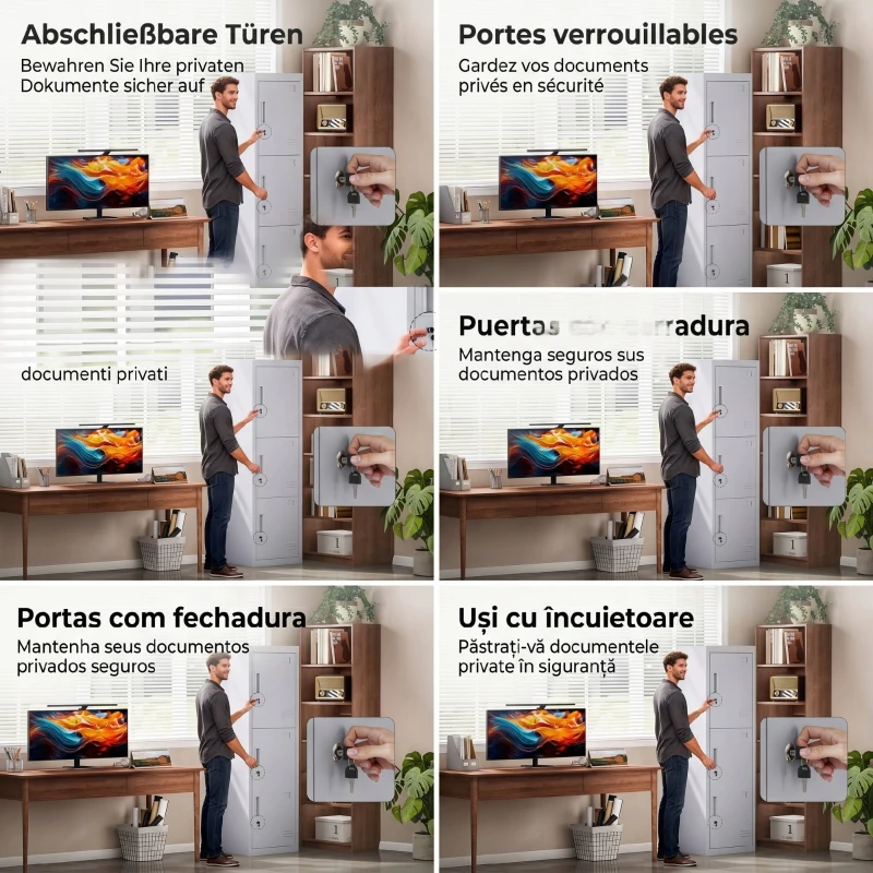 HOMCOM Dulap pentru Birou din Oțel cu 3 Uși Independente și 2 Chei, 45x38x180 cm, Gri Deschis
