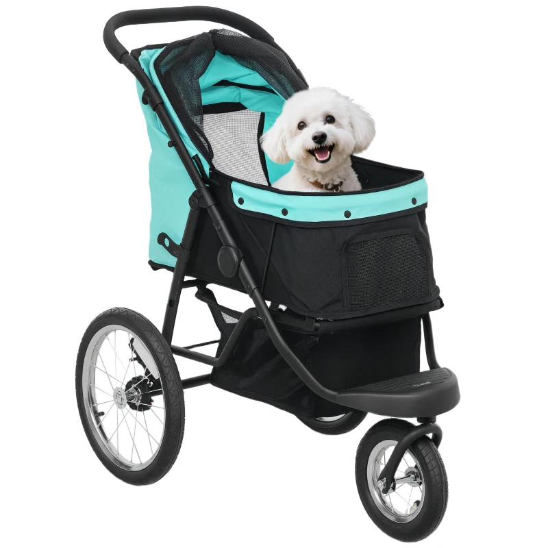 PawHut Hundebuggy, Haustierwagen für kleine Hunde und Katzen, mit Aufbewahrungskorb, Ein-Klick-Faltdesign, Türkis(m-12)