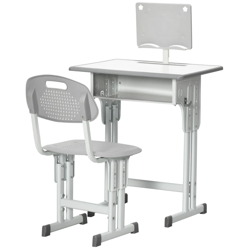 HOMCOM Conjunto de Secretária e Cadeira para Crianças com Altura Ajustável 1 Gaveta e 1 Prateleira para Livros 60x45x90-120 cm Cinza