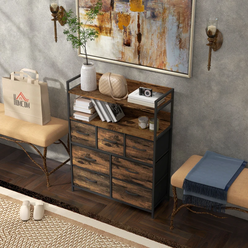HOMCOM Cómoda com 7 Gavetas Dobráveis Prateleiras Abertas e Estrutura de Aço Cómoda Estreito 79x29x101 cm Castanho Rústico