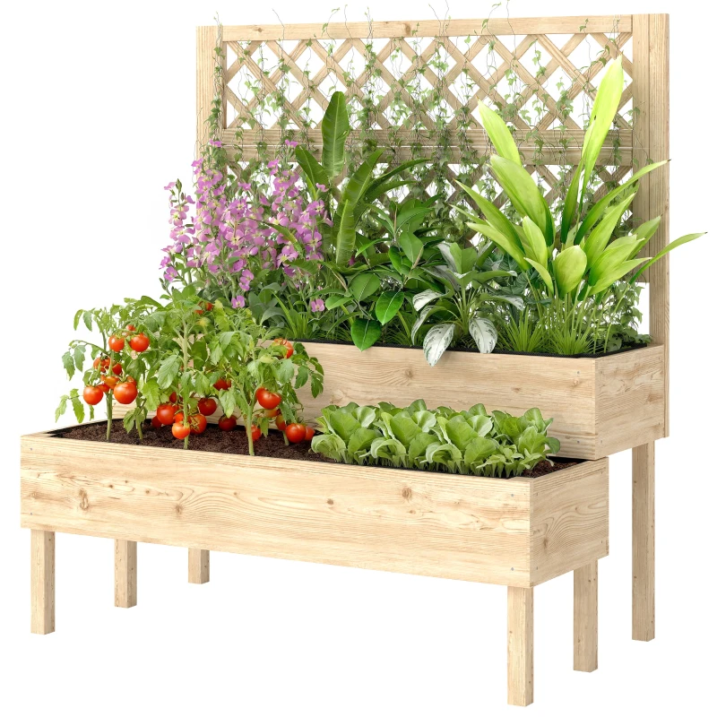Outsunny Jardinière à 2 Niveaux avec Treillis, bac à fleurs, avec tissu non tissé, 108 x 62 x 120 cm, effet bois naturelle