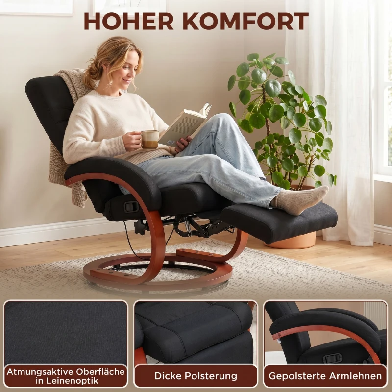 HOMCOM Relaxsessel mit Liegefunktion Fernsehsessel mit hoher Rückenlehne ergonomische Armlehne Fußstütze Holzbasis Leinenoptik