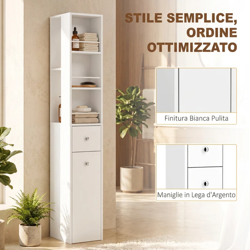 HOMCOM Mobile Colonna Bagno con 2 Cassetti, 2 Ripiani e 3 Scomparti, in Legno, 18x40x135 cm, Bianco