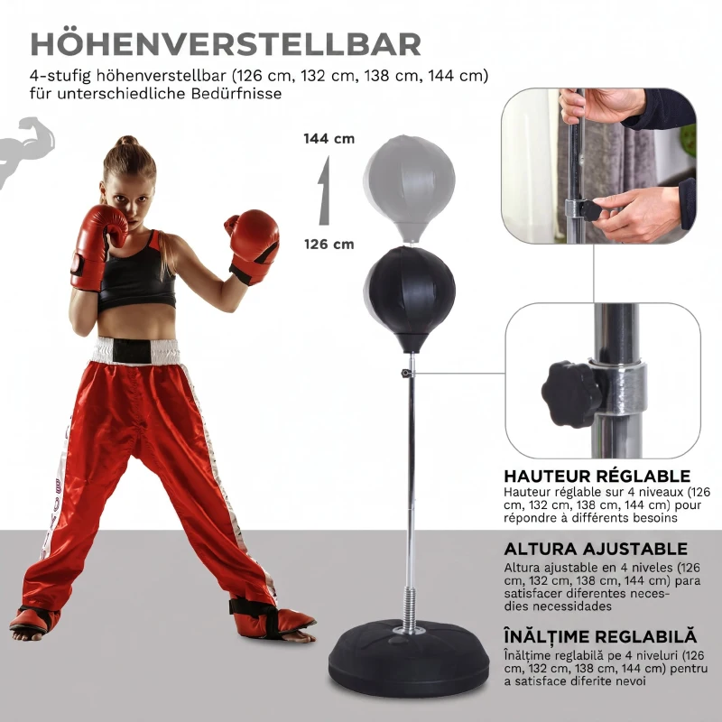 HOMCOM Punching Ball de podea cu mănuși, înălțime reglabilă 126-144 cm și bază umplută, negru