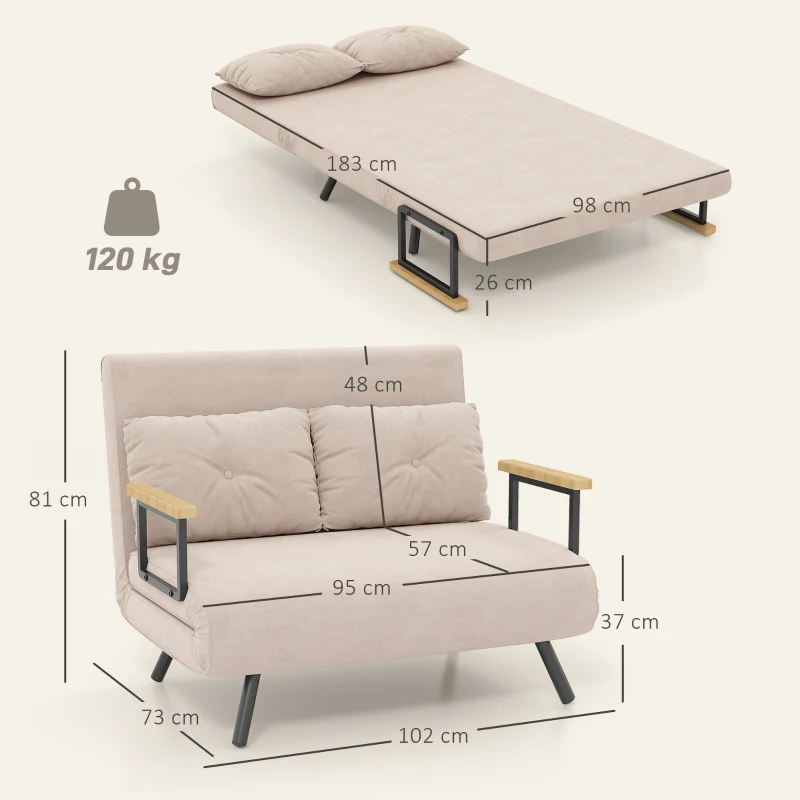 HOMCOM Sofá Cama Convertível 2 Lugares Dobrável com Encosto Ajustável em 5 Níveis e 2 Almofadas 102x73x81 cm Bege Claro