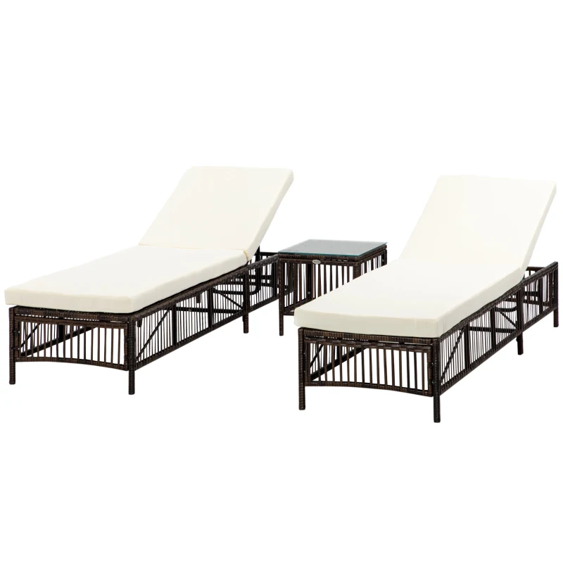 Outsunny Conjunto de 2 Espreguiçadeiras de Vime Sintético com Mesa de Centro Encosto Reclinável em 5 Posições 196x54x32cm Marrom