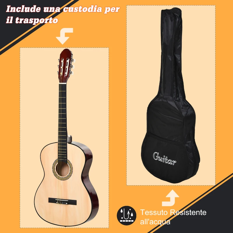 HOMCOM Chitarra Classica da 40" per Adulti con Custodia, Accordatore, 3 Plettri e 6 Corde Nylon di Ricambio