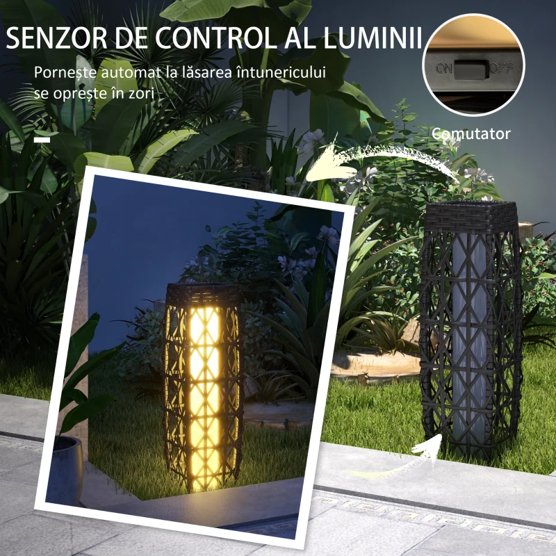 Outsunny Lampă Solară de Grădină cu Iluminare LED, din Oțel și Ratan PE, 20x20x68 cm, Gri