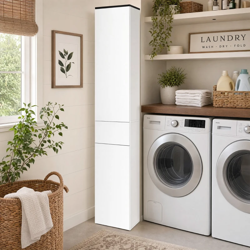 kleankin Mobile Bagno con Ripiano Regolabile, 2 Ripiani Chiusi e un Cassetto in Legno, 30x28x180 cm, Bianco