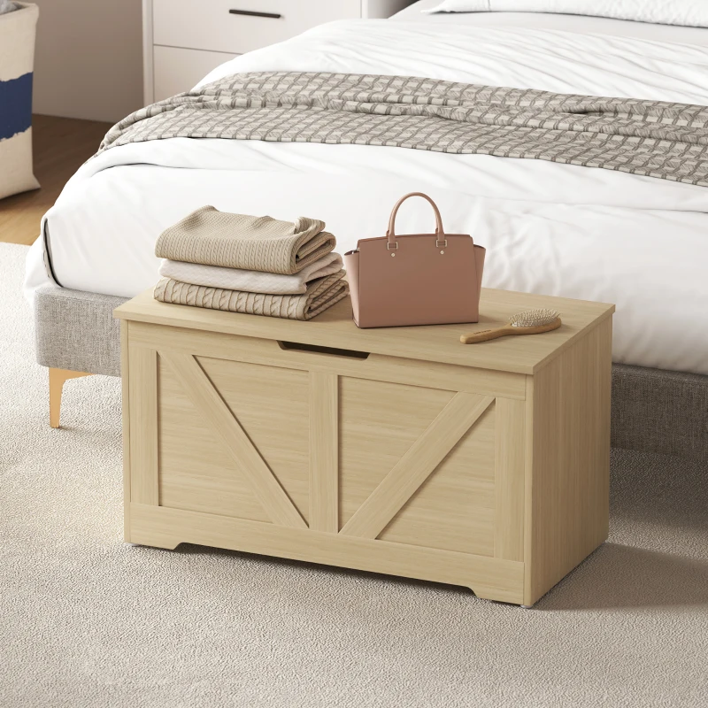 HOMCOM Coffre de rangement, banc de rangement avec couvercle rabattable et charnières de sécurité, 80 x 40 x 45 cm, bois naturel