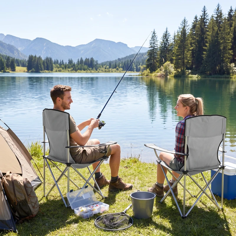 Outsunny Set Scaune de Camping cu Suport pentru Pahare și Genți, Gri