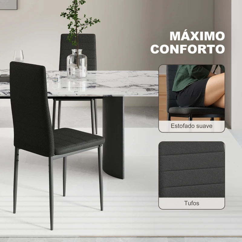 HOMCOM Conjunto de 6 Cadeiras de Sala de Jantar Estofadas em Linho com Pernas em Metal Cadeiras Modernas para Cozinha Quarto Suporta até 120 kg 41x50x97 cm Preto