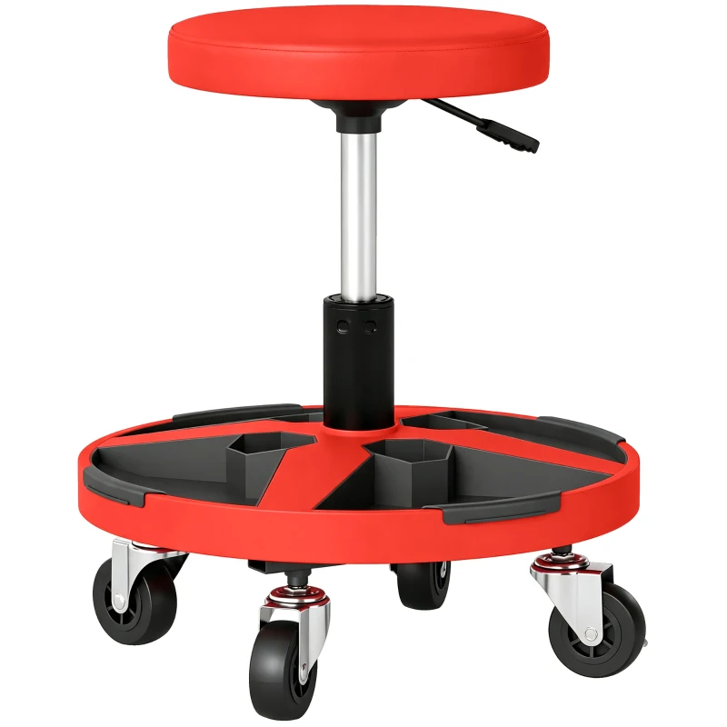HOMCOM Taburet mobil pentru atelier cu tavă Înălțime reglabilă de 40-52 cm Capacitate 135 kg cu roți pentru garaj Roșu