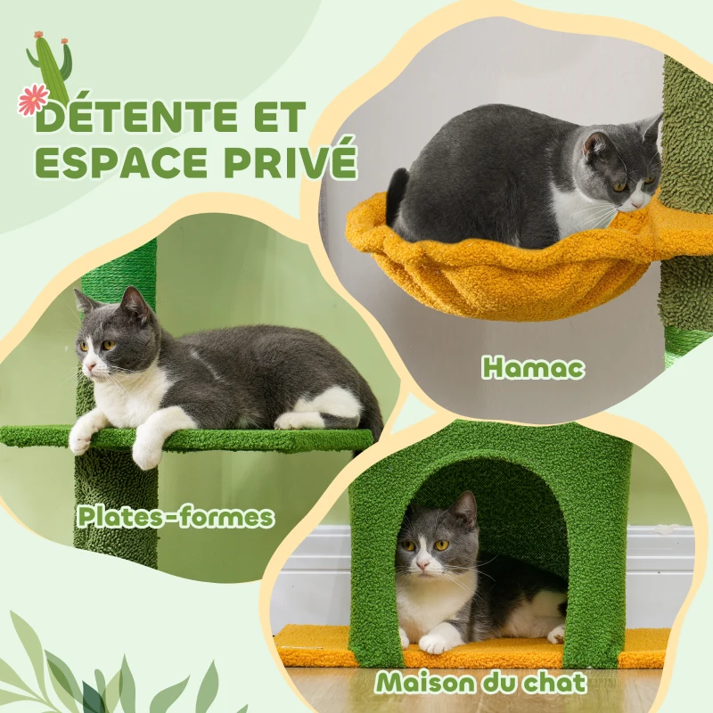 PawHut Arbre à chat, hauteur 275cm, 6 niveaux pour chat d'intérieur, du sol au plafond, avec plate-formes, niche, hamac, vert