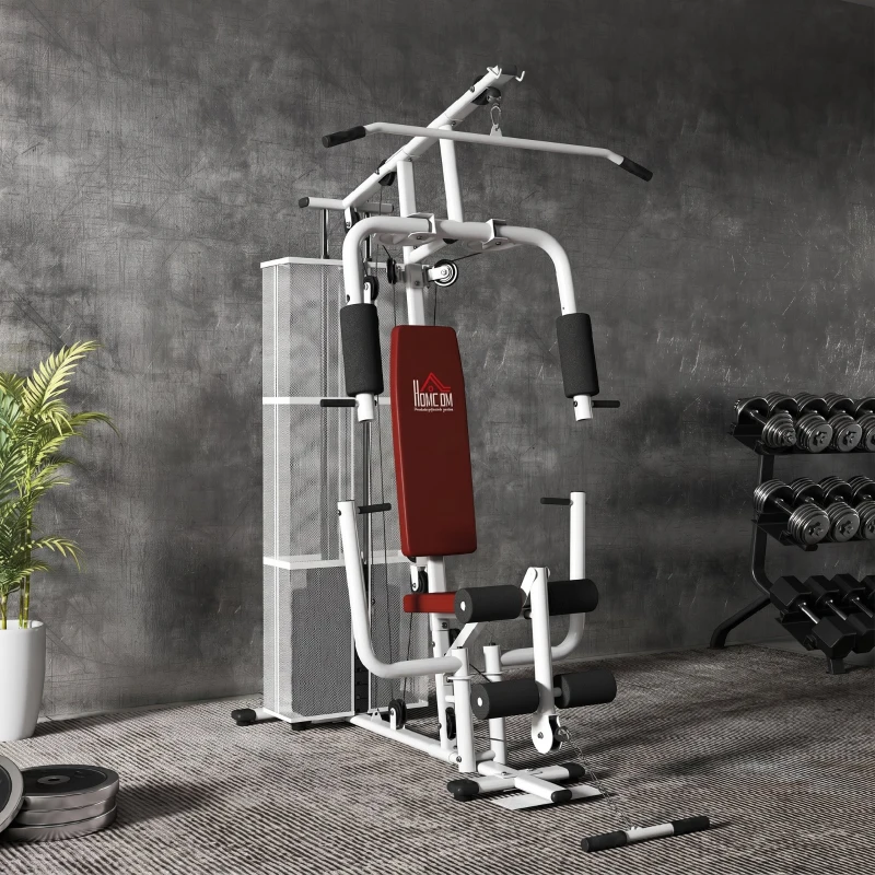 HOMCOM Stație de Fitness Multifuncțională pentru Acasă și Sală, cu 4 Perne din Oțel și PU, 150x110x210 cm, Alb