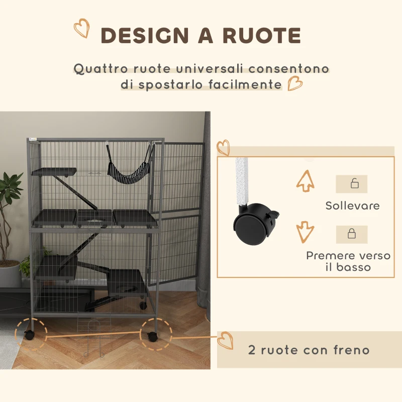 PawHut Gabbia per Roditori con 4 Ingressi a Livelli Multipli con Amaca, in Metallo e PP, 80x52x128 cm, Argento e Grigio