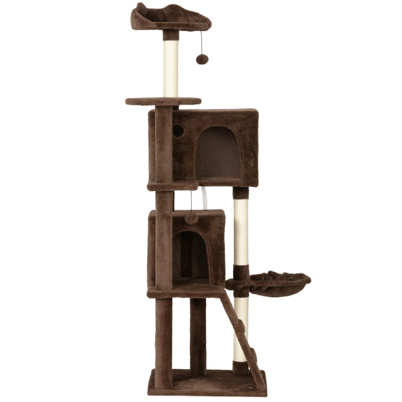 PawHut Arranhador para Gatos com Múltiplas Plataformas Cama 2 Cavernas Rede Escada Postes de Sisal 48x48x160 cm Marrom
