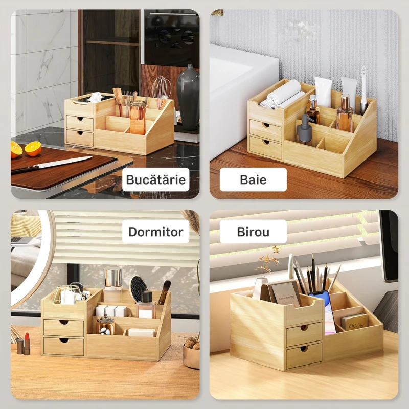 HOMCOM Organizer da Scrivania in Bambù con 2 Cassetti e 7 Scomparti Portaoggetti, 33x20.5x15.5 cm
