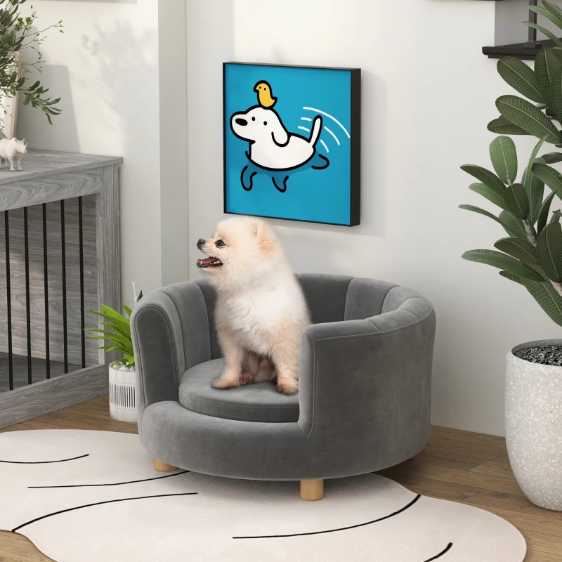 PawHut Haustierbett für Hunde und Katzen, Holzbeine, erhöht, Flanellbezug, abnehmbares Kissen, Grau