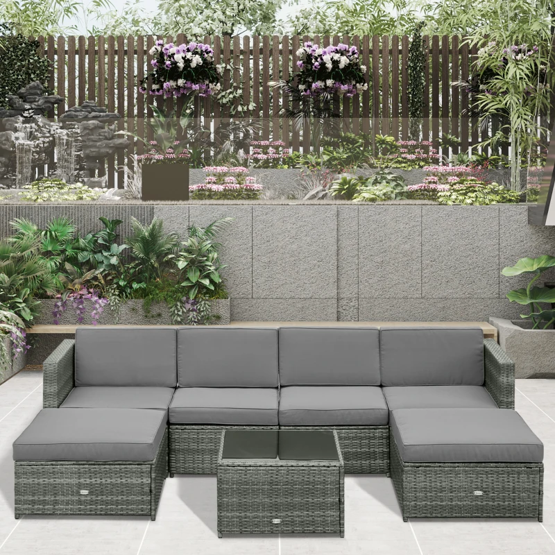 Outsunny 7-tlg. Polyrattan Gartengarnitur Gartenmöbel Garten-Set Sitzgruppe Loungeset Loungemöbel inkl. Fußhocker Sitzkissen Grau Stahl + Polyester 58 x 58 x 37 cm