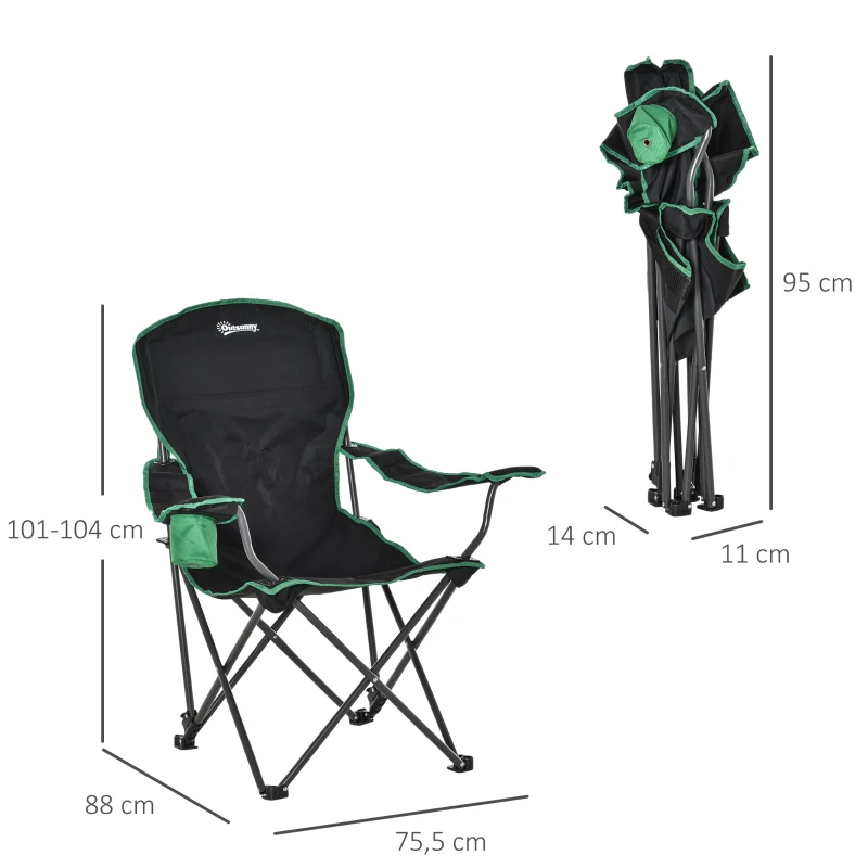 Outsunny Campingstuhl Klappstuhl Anglerstuhl Höhenverstellbar mit Getränkehalter faltbar inkl Tragetasche Regiestuhl bis 136 kg belastbar Schwarz+Grün 75,5 x 88 x 101-104 cm