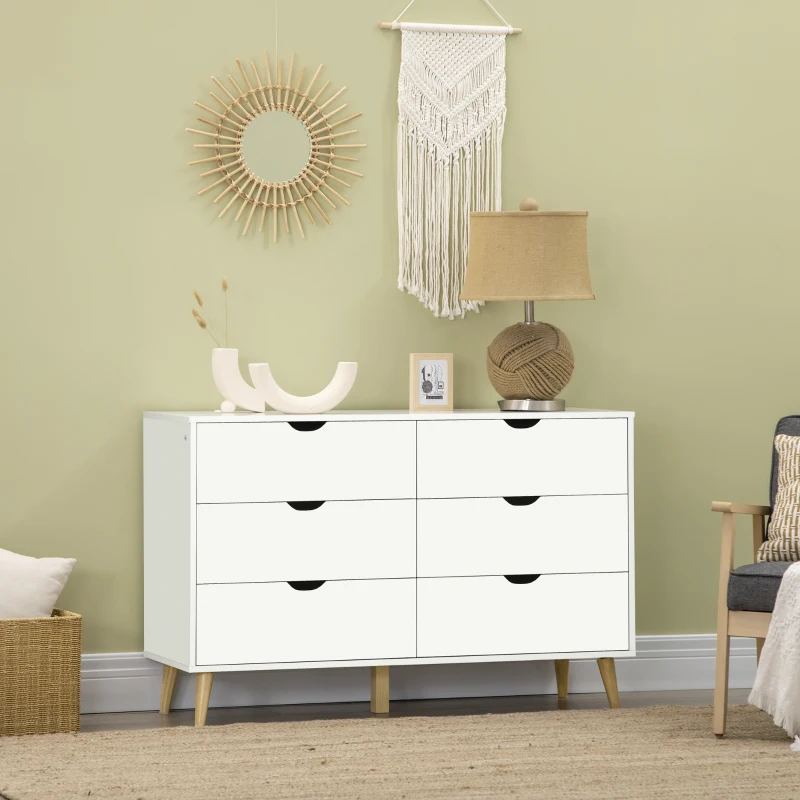 HOMCOM Cómoda com 6 Gavetas e Pés Elevados Cómoda para Dormitório Estilo Moderno Anti-Tombo 120x40x76 cm Branco